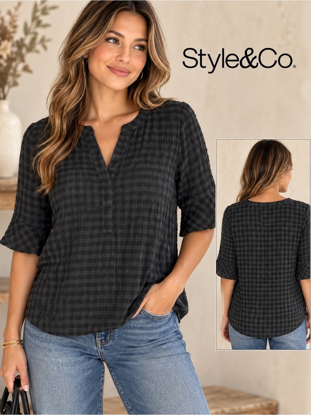 Style&Co Gingham Short Sleeve Blouse V-Neck Black XS